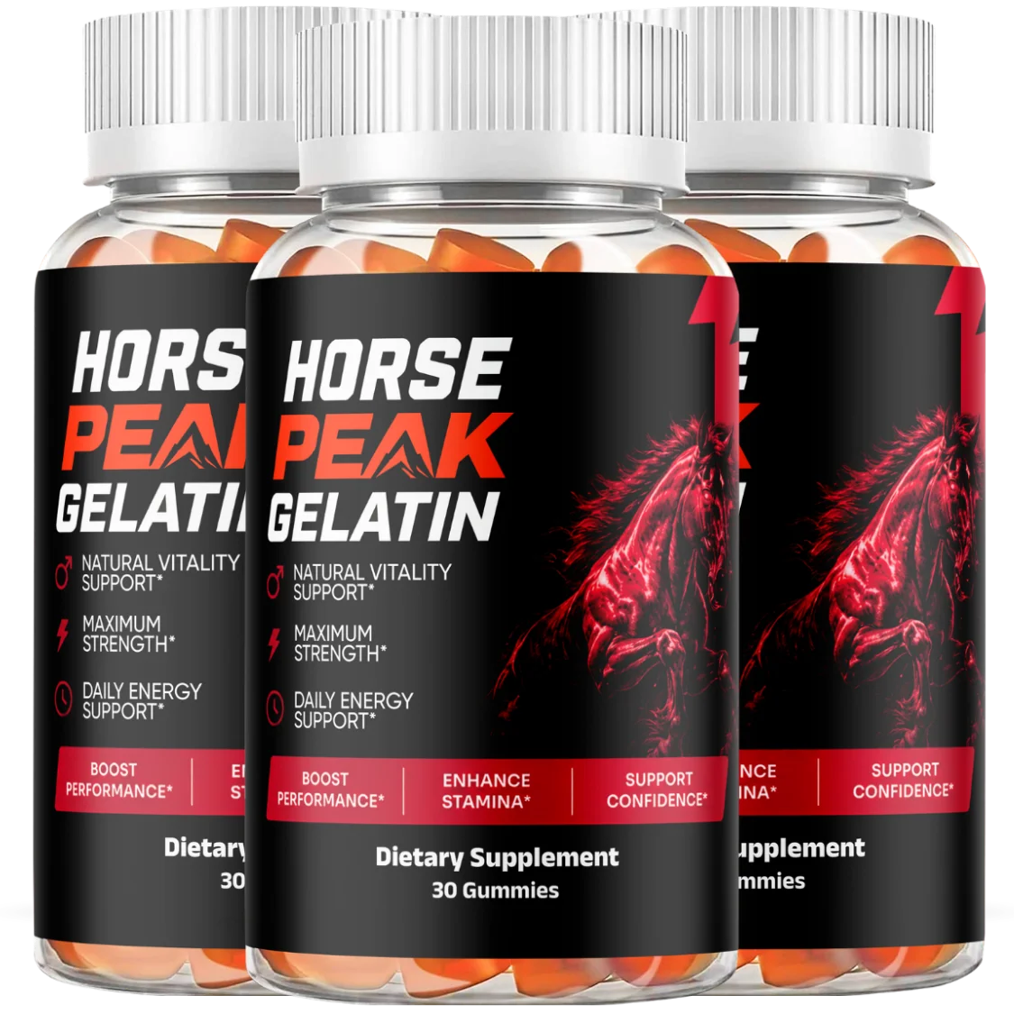 Three bottles of Horse Peak Gelatin natural vitality gummies
